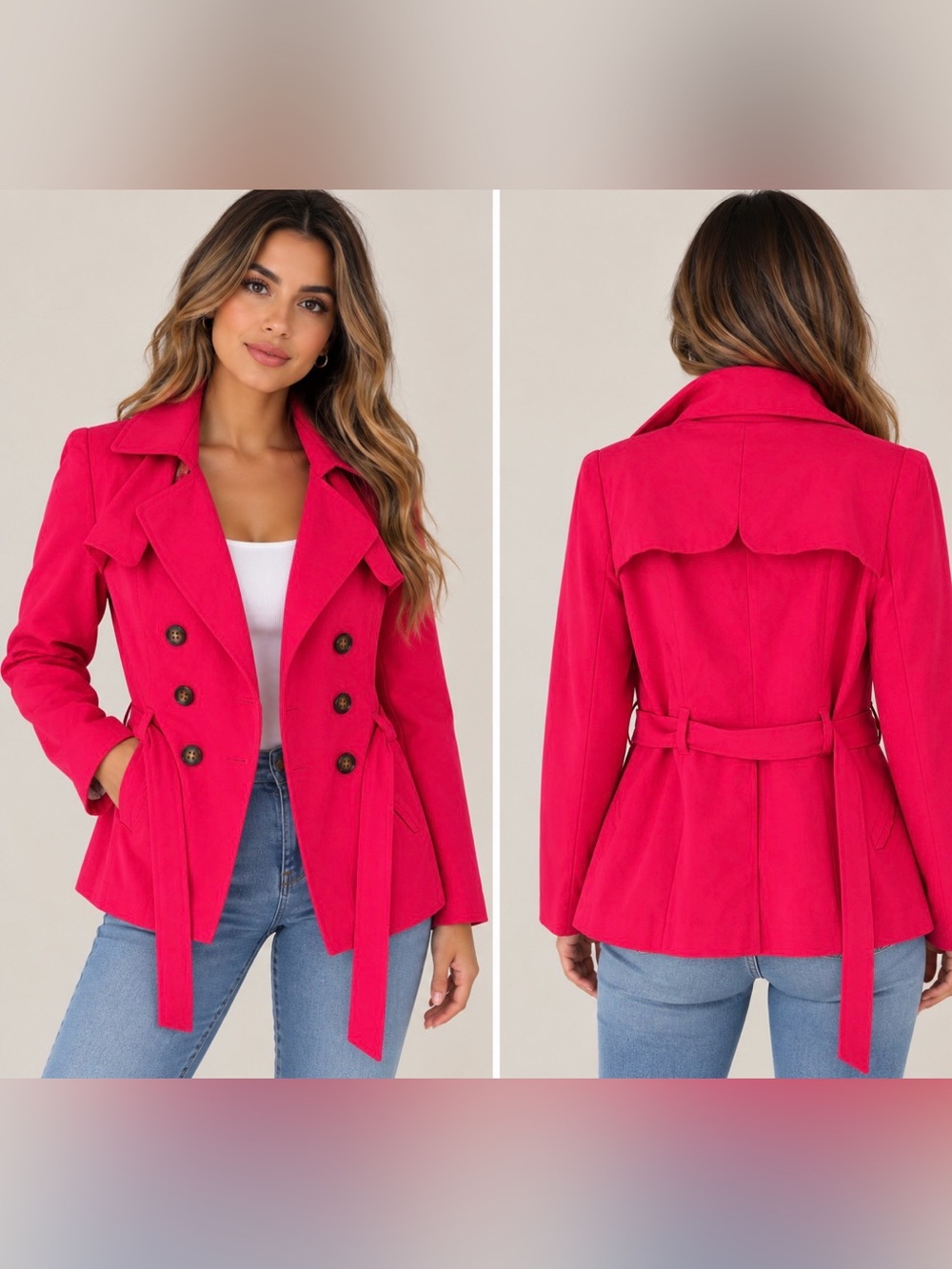 H&M Bright Pink Double-Breasted Peacoat with Waist Tie